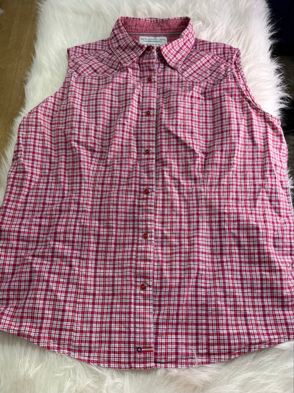 Wrangler Blues Red Plaid Sleeveless Western Snap Shirt Large 100 Cotton